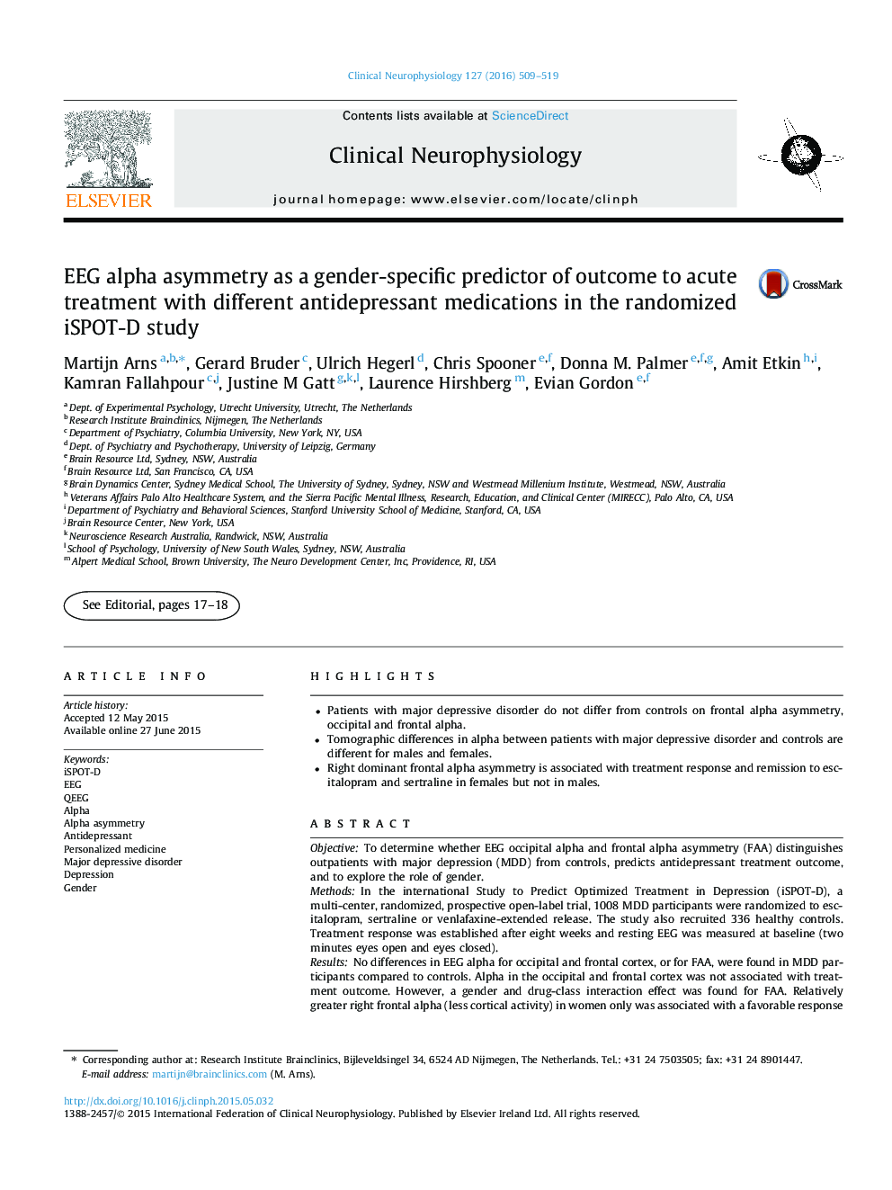 EEG alpha asymmetry as a gender-specific predictor of outcome to acute treatment with different antidepressant medications in the randomized iSPOT-D study