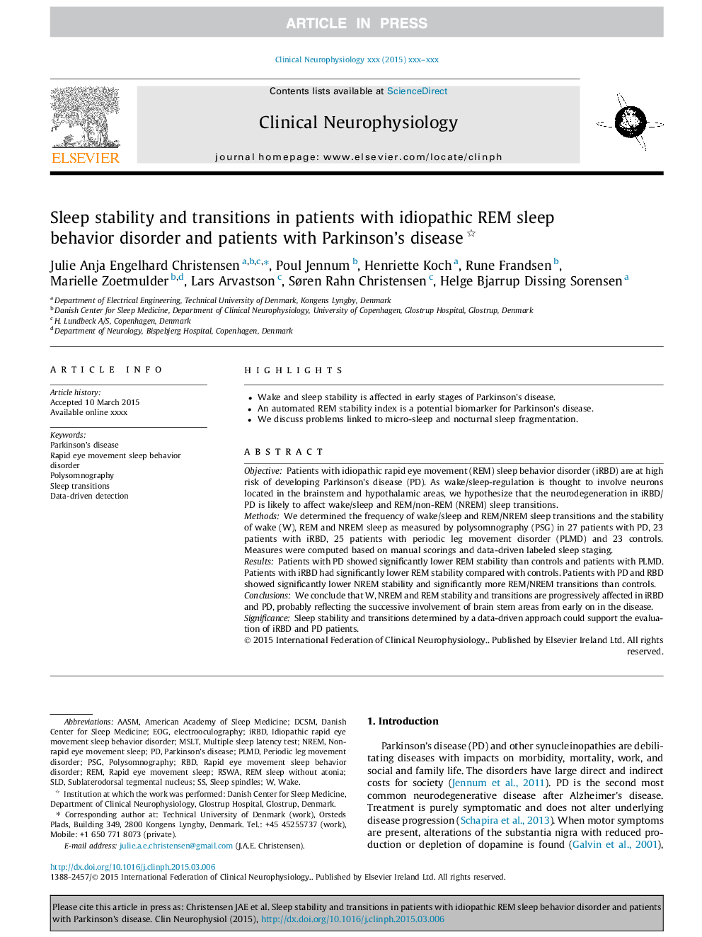 Sleep stability and transitions in patients with idiopathic REM sleep behavior disorder and patients with Parkinson's disease