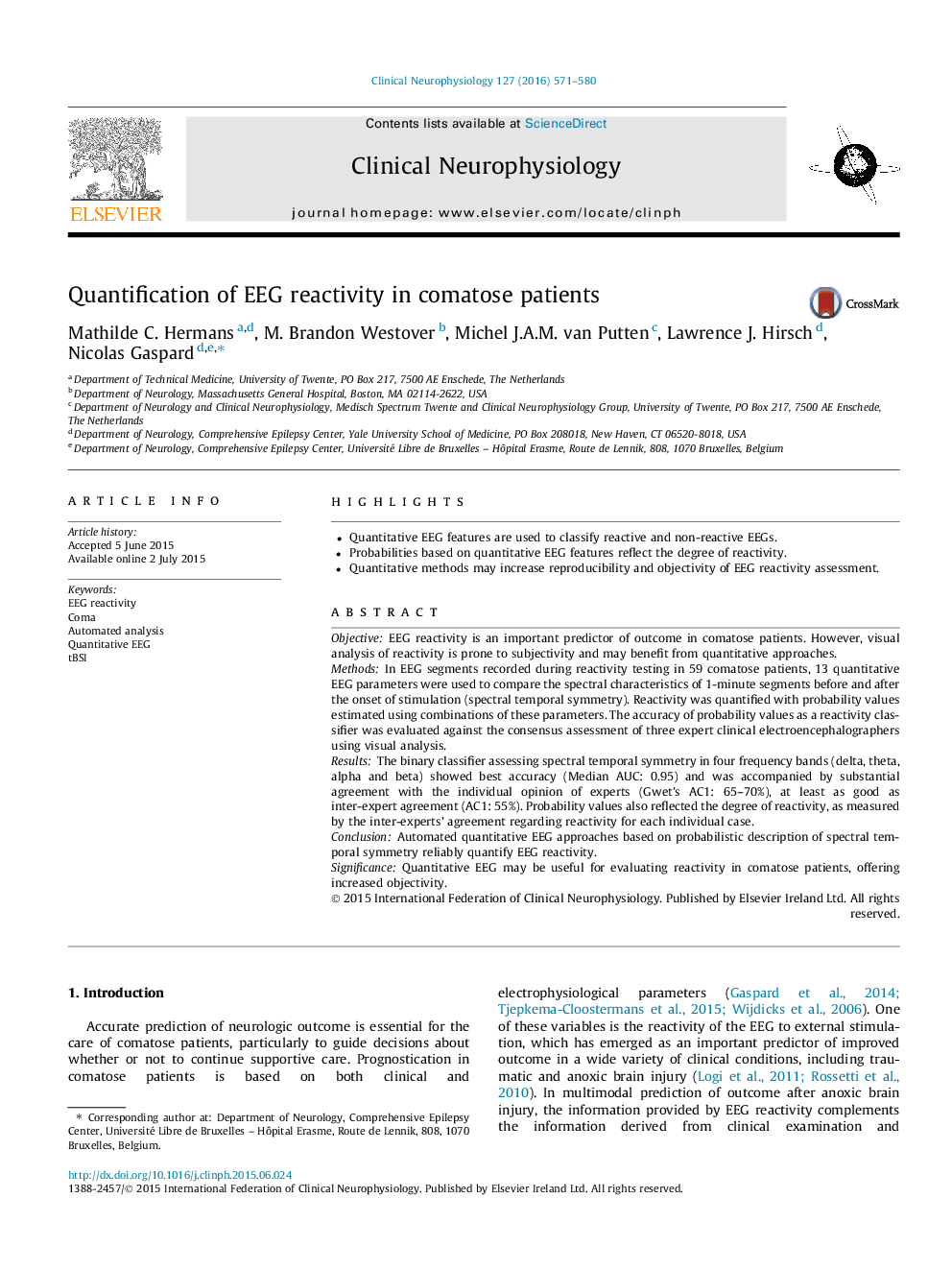 Quantification of EEG reactivity in comatose patients