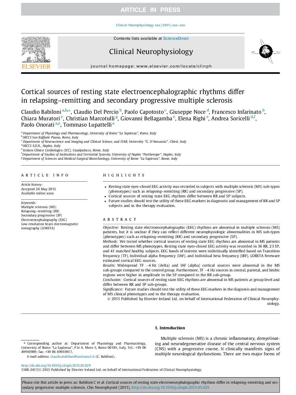 Cortical sources of resting state electroencephalographic rhythms differ in relapsing-remitting and secondary progressive multiple sclerosis