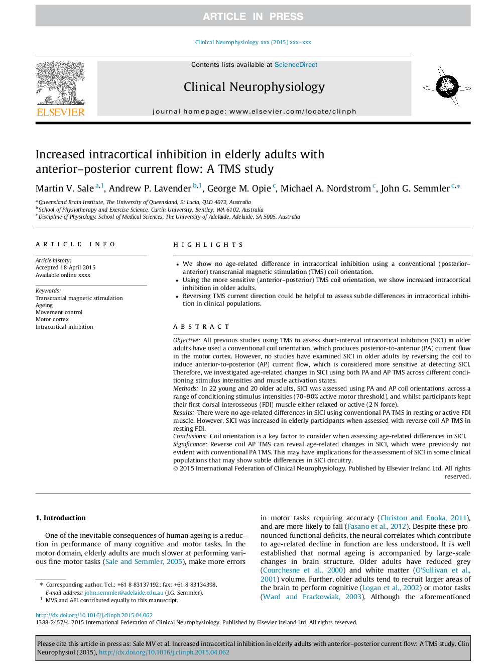 Increased intracortical inhibition in elderly adults with anterior-posterior current flow: A TMS study