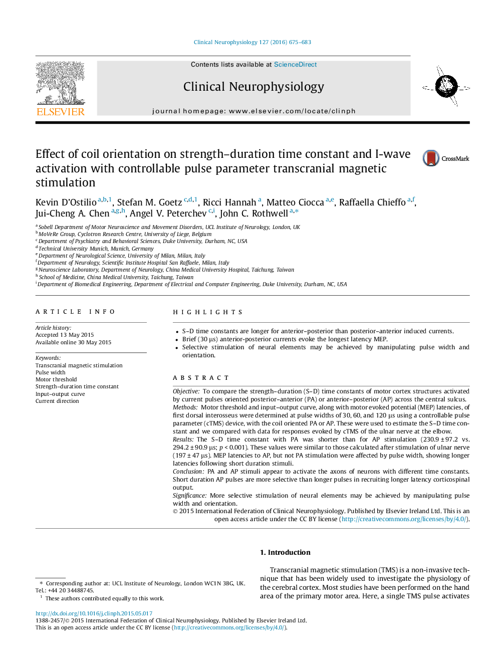 Effect of coil orientation on strength-duration time constant and I-wave activation with controllable pulse parameter transcranial magnetic stimulation