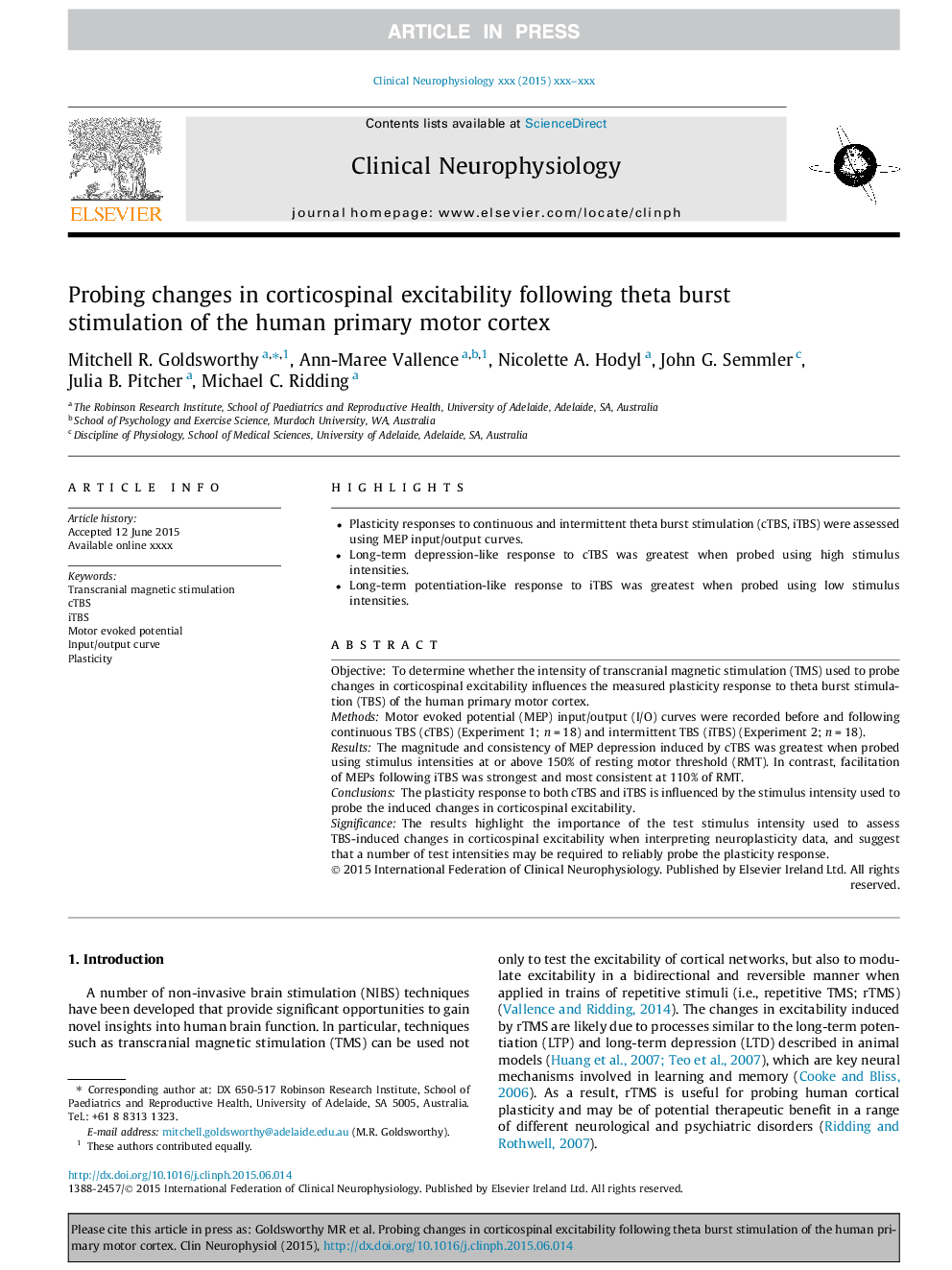 Probing changes in corticospinal excitability following theta burst stimulation of the human primary motor cortex