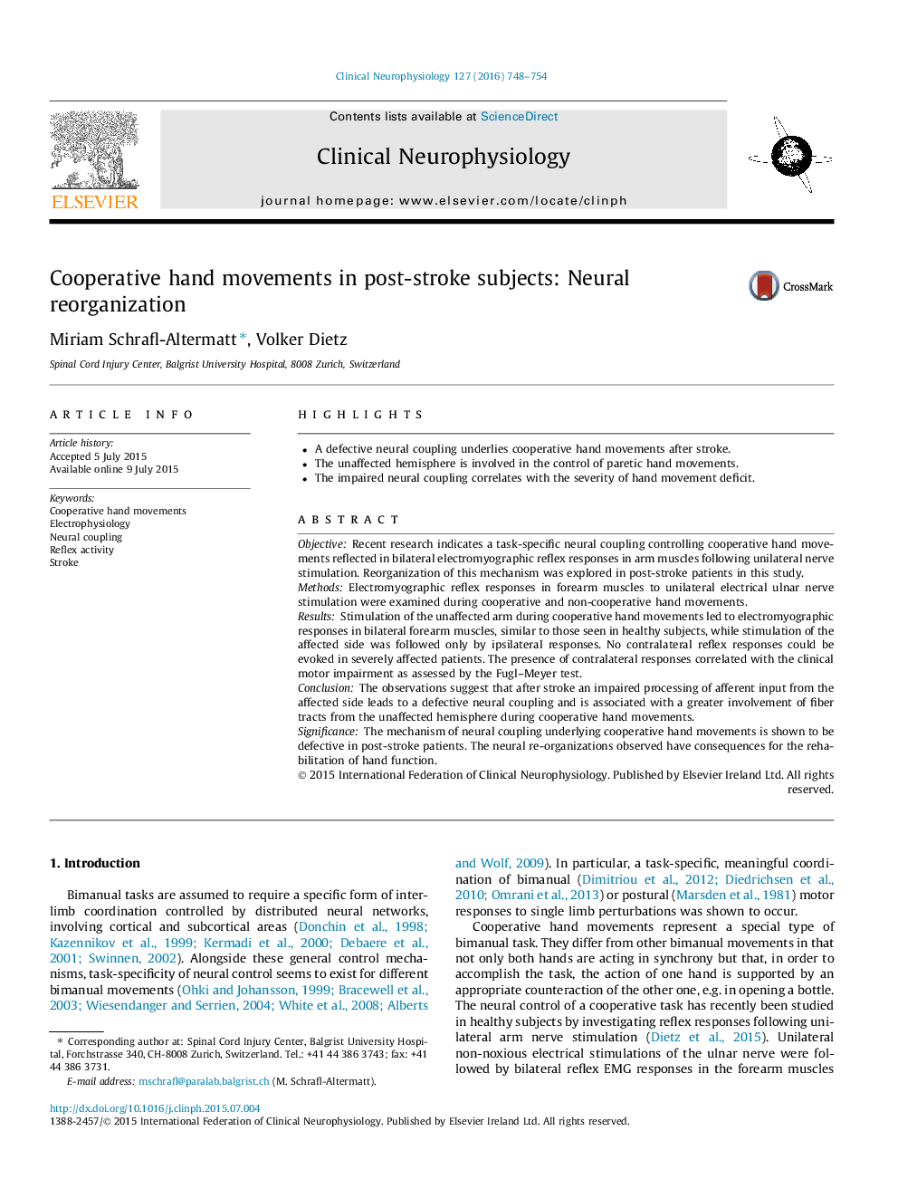 Cooperative hand movements in post-stroke subjects: Neural reorganization