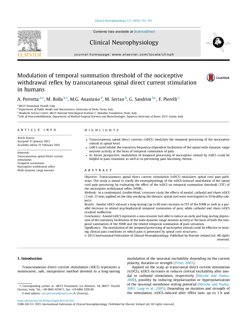 Modulation of temporal summation threshold of the nociceptive withdrawal reflex by transcutaneous spinal direct current stimulation in humans