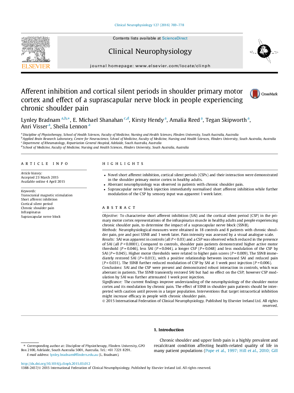 Afferent inhibition and cortical silent periods in shoulder primary motor cortex and effect of a suprascapular nerve block in people experiencing chronic shoulder pain