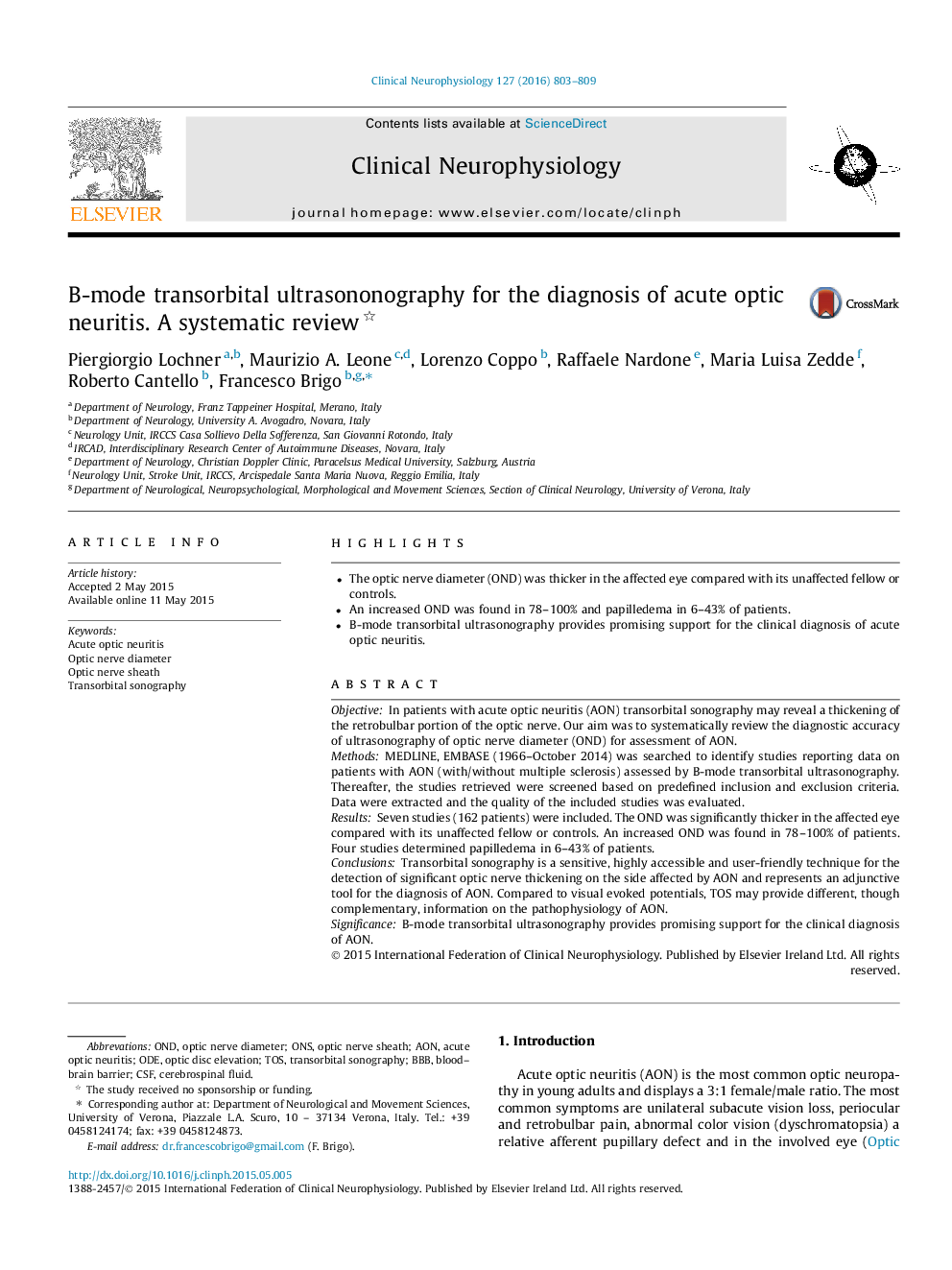 B-mode transorbital ultrasononography for the diagnosis of acute optic neuritis. A systematic review