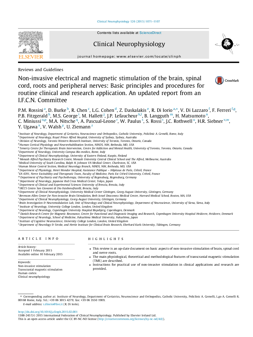 Non-invasive electrical and magnetic stimulation of the brain, spinal cord, roots and peripheral nerves: Basic principles and procedures for routine clinical and research application. An updated report from an I.F.C.N. Committee