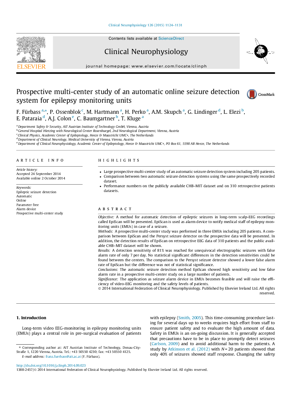 Prospective multi-center study of an automatic online seizure detection system for epilepsy monitoring units