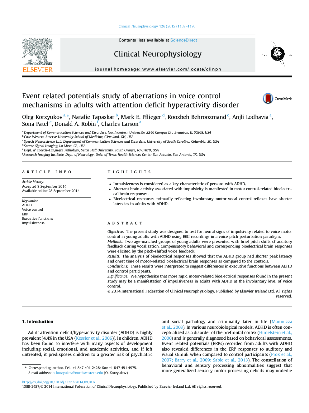 Event related potentials study of aberrations in voice control mechanisms in adults with attention deficit hyperactivity disorder