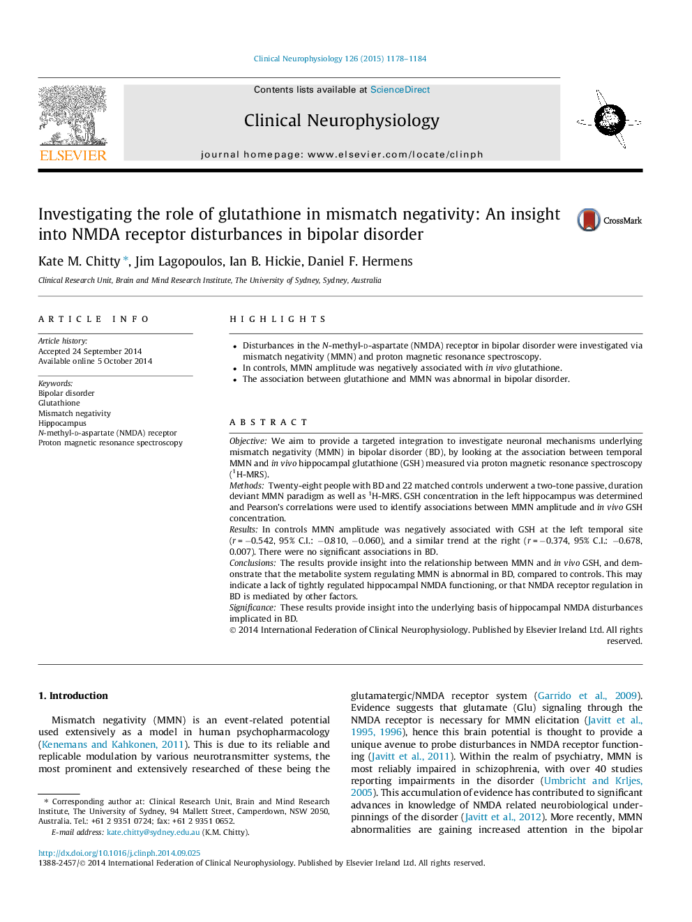 Investigating the role of glutathione in mismatch negativity: An insight into NMDA receptor disturbances in bipolar disorder