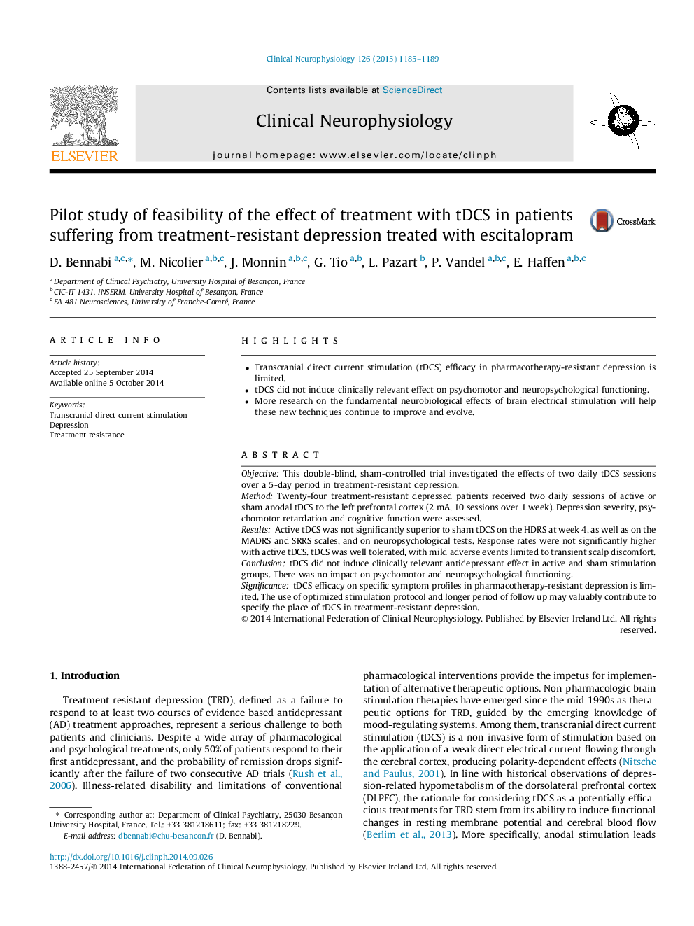 Pilot study of feasibility of the effect of treatment with tDCS in patients suffering from treatment-resistant depression treated with escitalopram