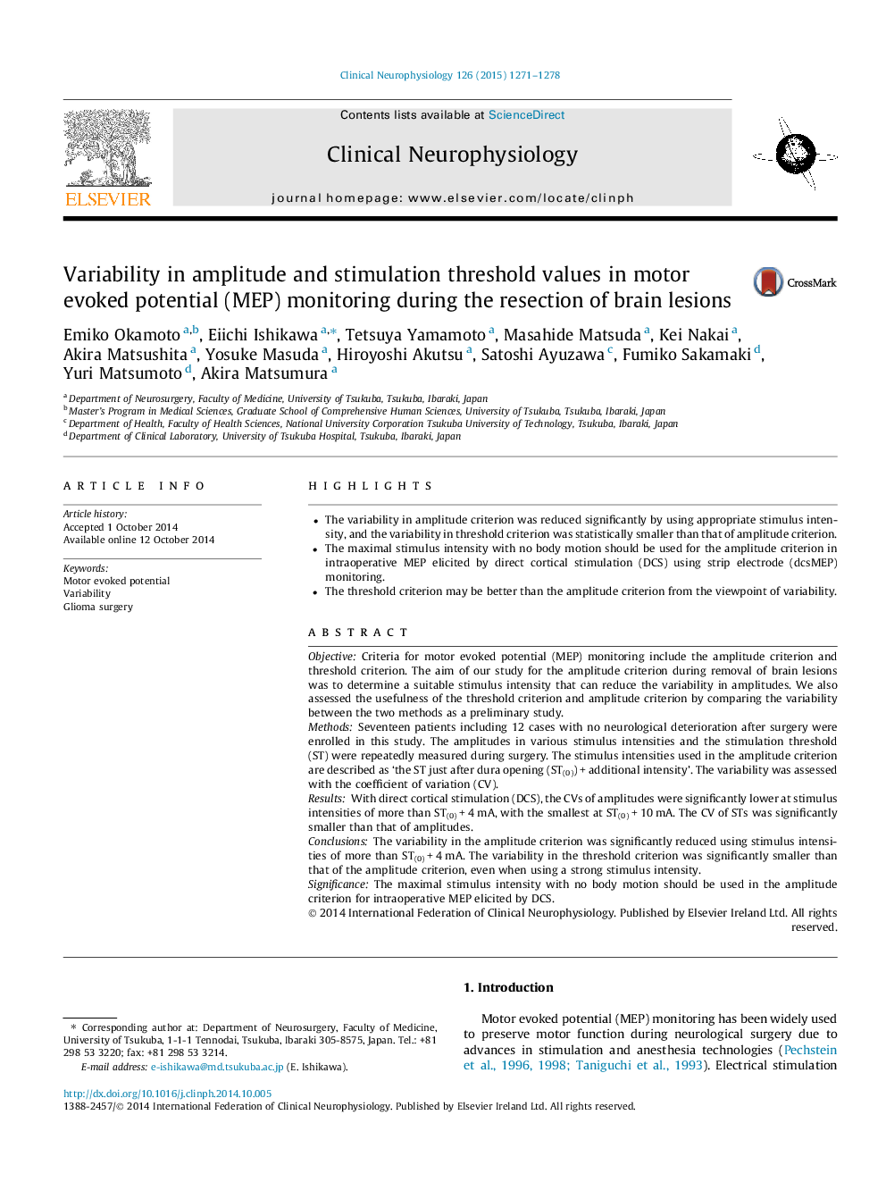 Variability in amplitude and stimulation threshold values in motor evoked potential (MEP) monitoring during the resection of brain lesions