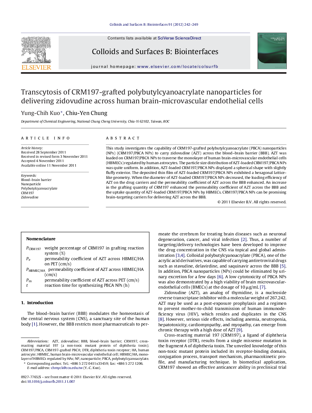 عکس صفحه اول مقاله: Transcytosis of CRM197-grafted polybutylcyanoacrylate nanoparticles for delivering zidovudine across human brain-microvascular endothelial cells Transcytosis of CRM197-grafted polybutylcyanoacrylate nanoparticles for delivering zidovudine across human brain-microvascular endothelial cells