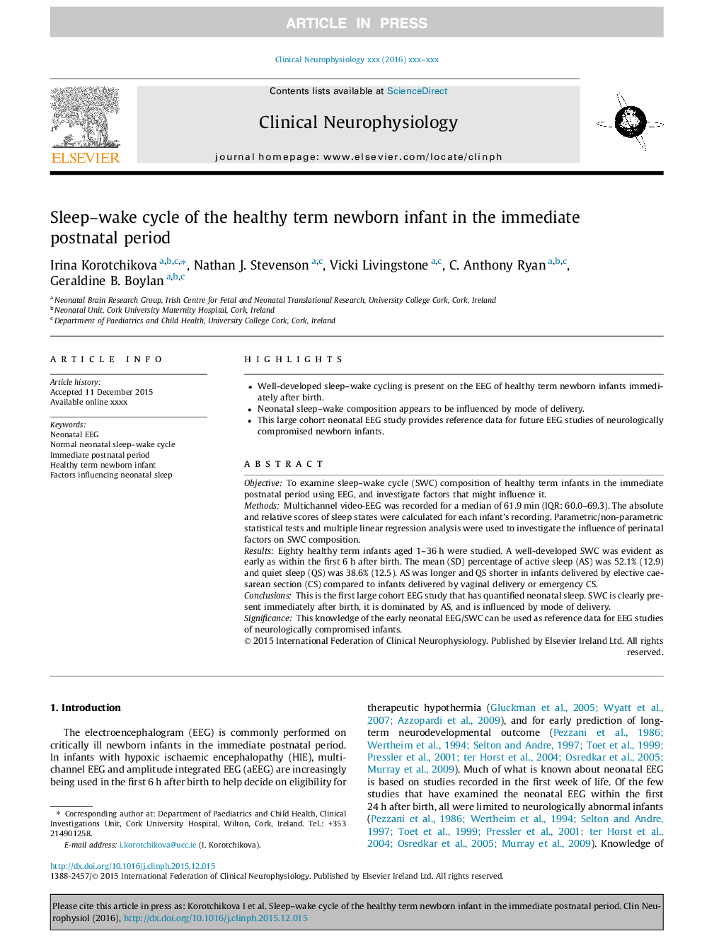 Sleep-wake cycle of the healthy term newborn infant in the immediate postnatal period