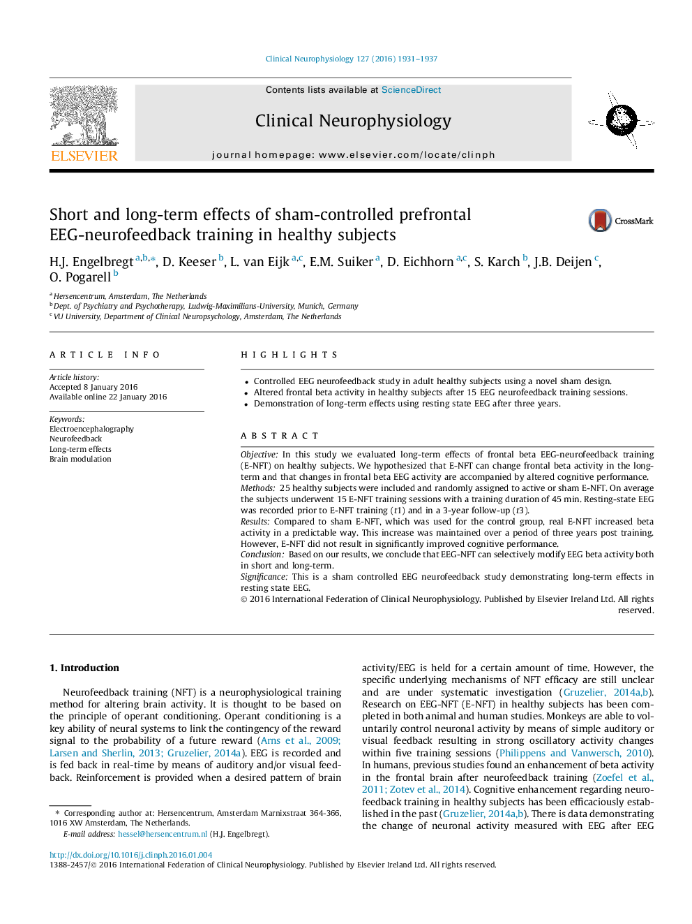 Short and long-term effects of sham-controlled prefrontal EEG-neurofeedback training in healthy subjects