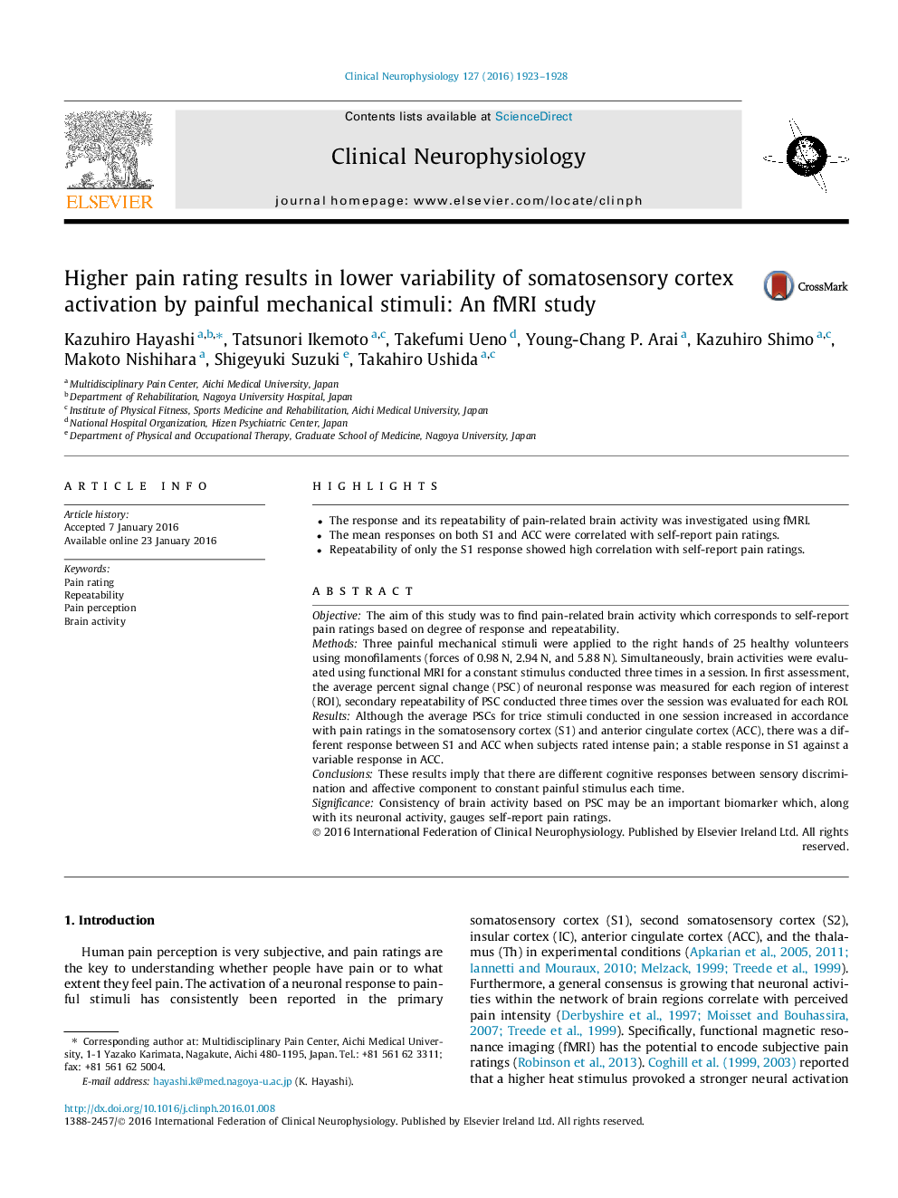 Higher pain rating results in lower variability of somatosensory cortex activation by painful mechanical stimuli: An fMRI study