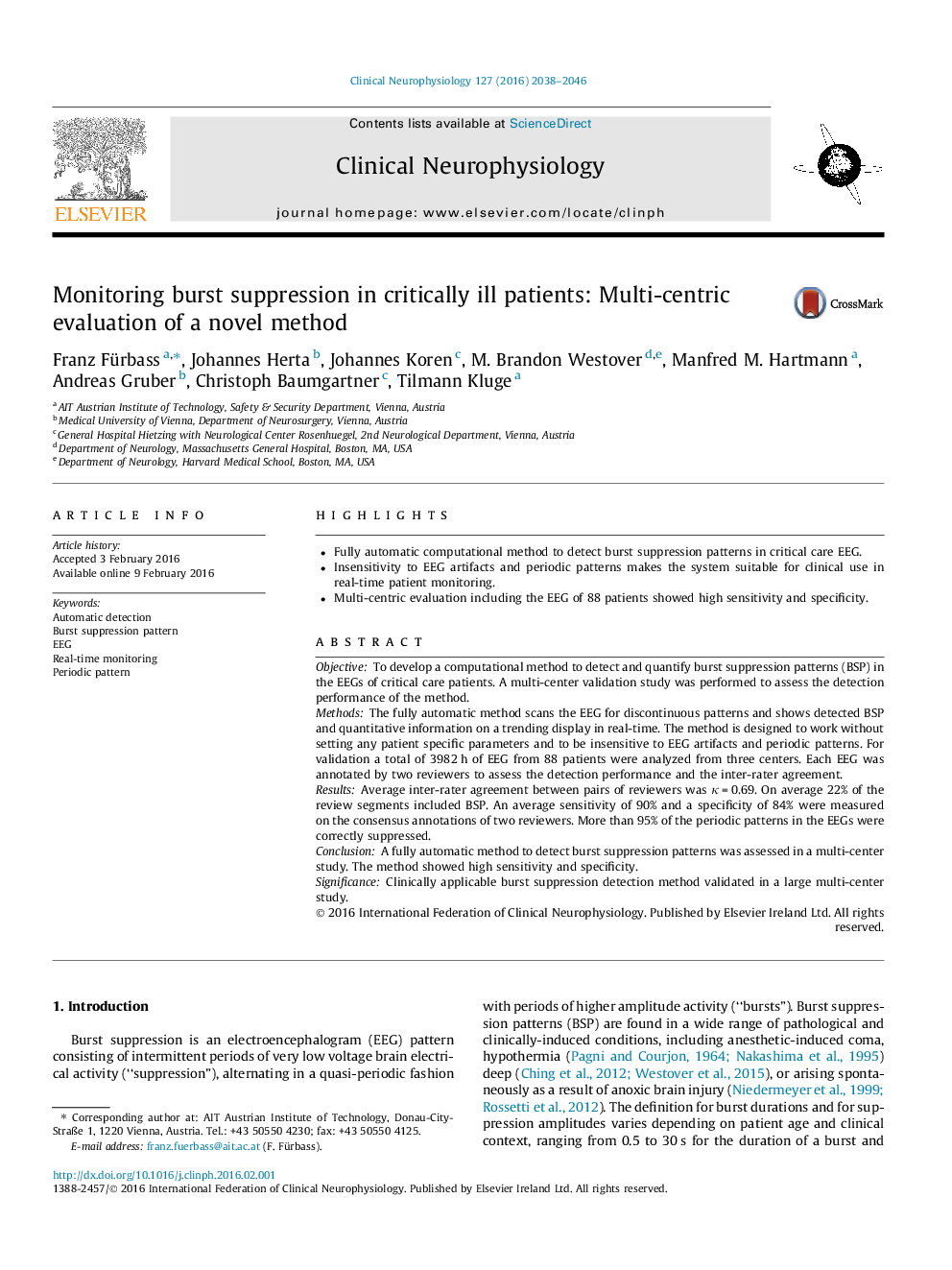 Monitoring burst suppression in critically ill patients: Multi-centric evaluation of a novel method