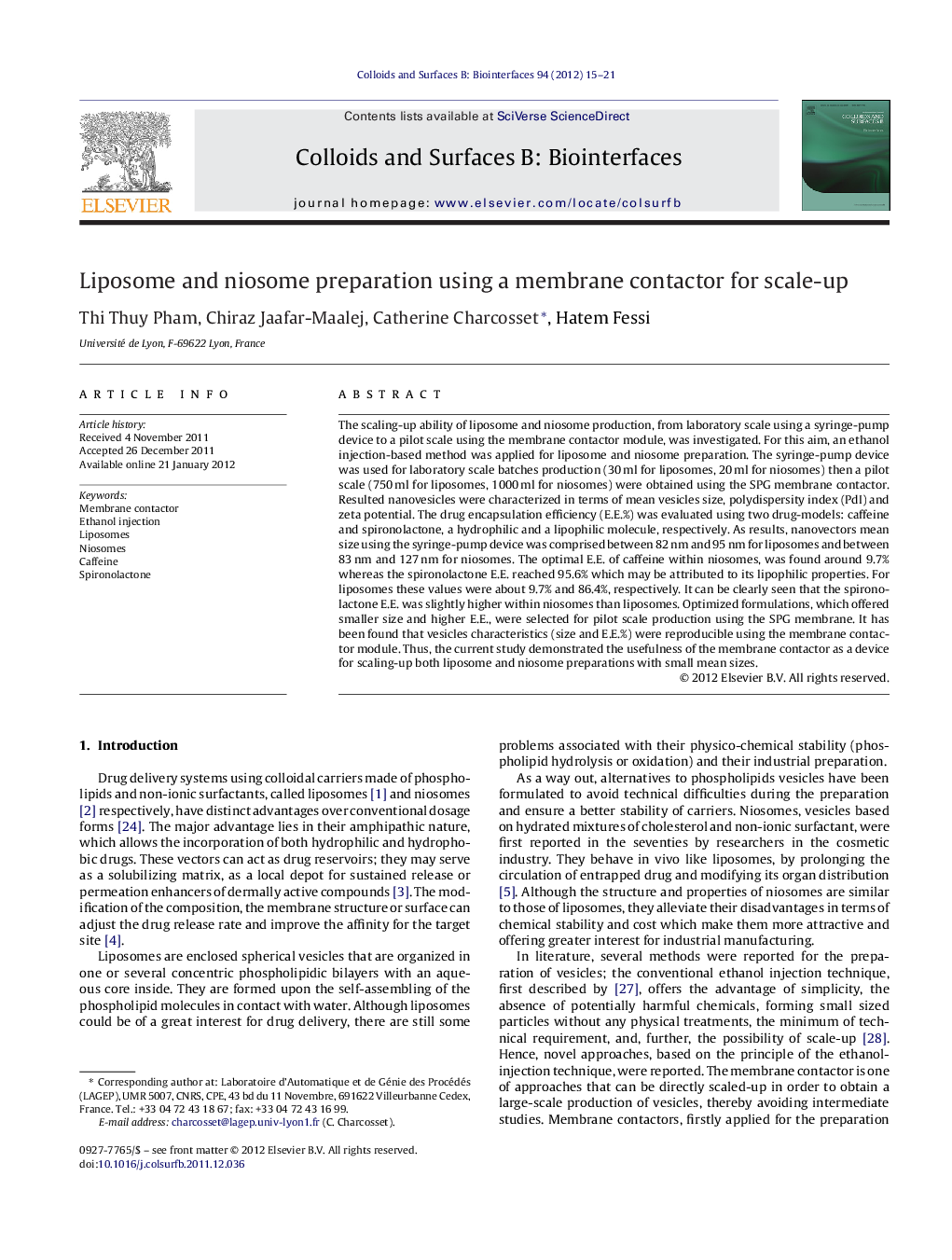 Liposome and niosome preparation using a membrane contactor for scale-up