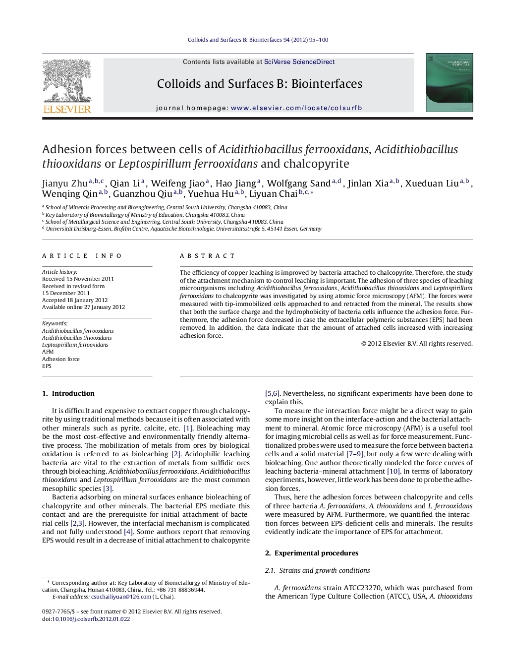 Adhesion forces between cells of Acidithiobacillus ferrooxidans, Acidithiobacillus thiooxidans or Leptospirillum ferrooxidans and chalcopyrite