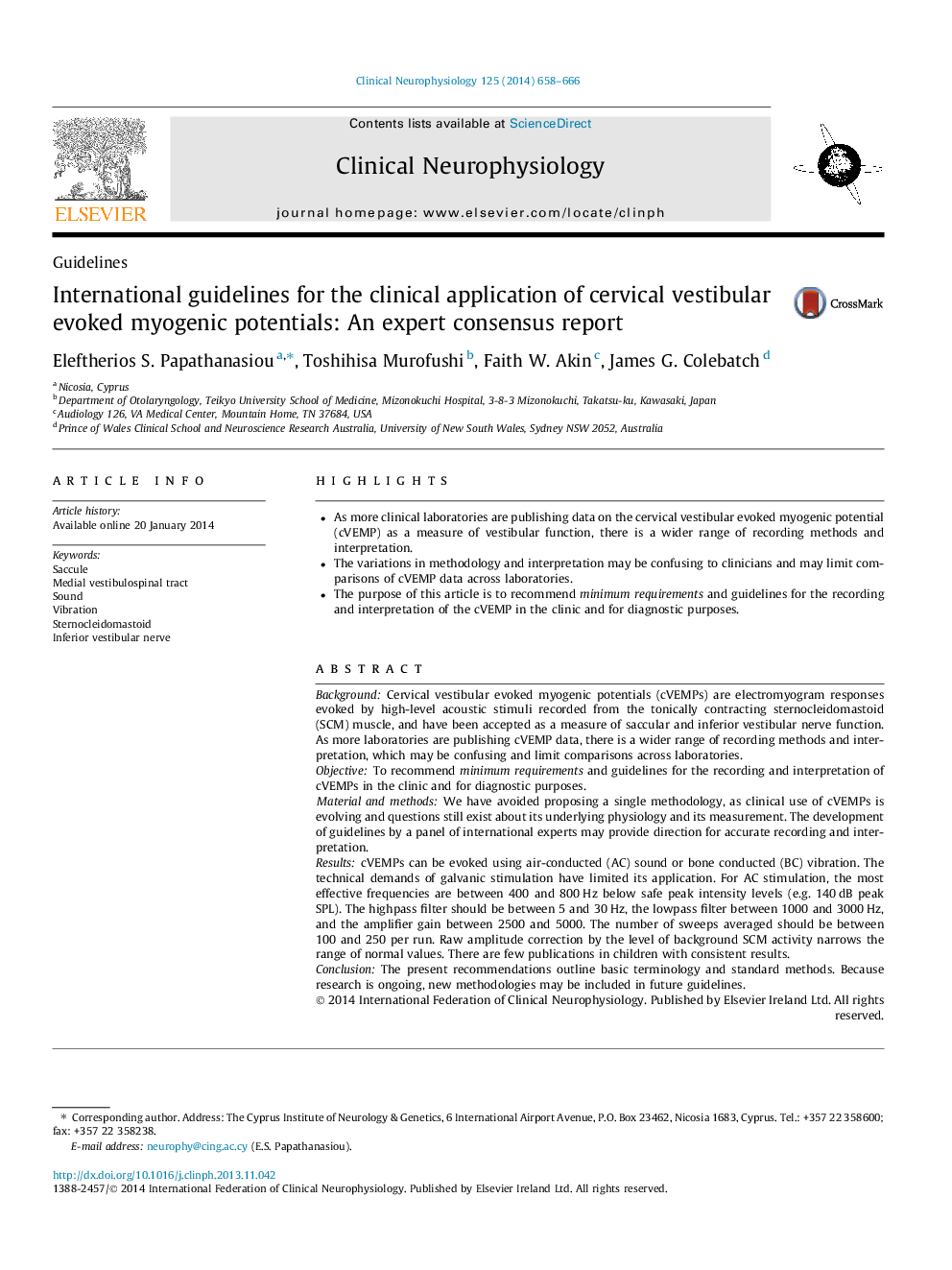 International guidelines for the clinical application of cervical vestibular evoked myogenic potentials: An expert consensus report