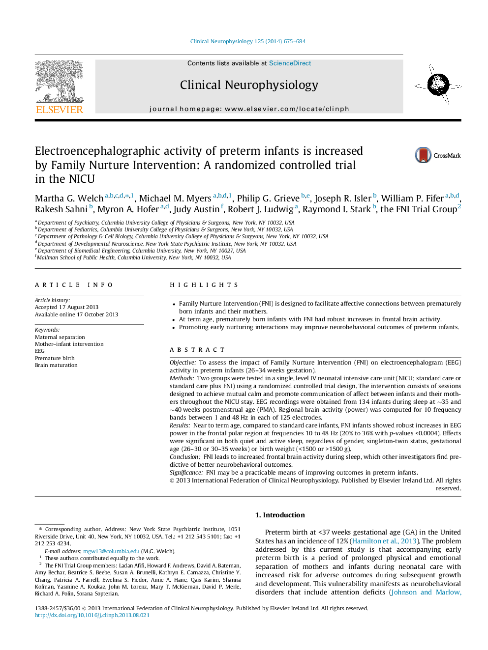 Electroencephalographic activity of preterm infants is increased by Family Nurture Intervention: A randomized controlled trial in the NICU