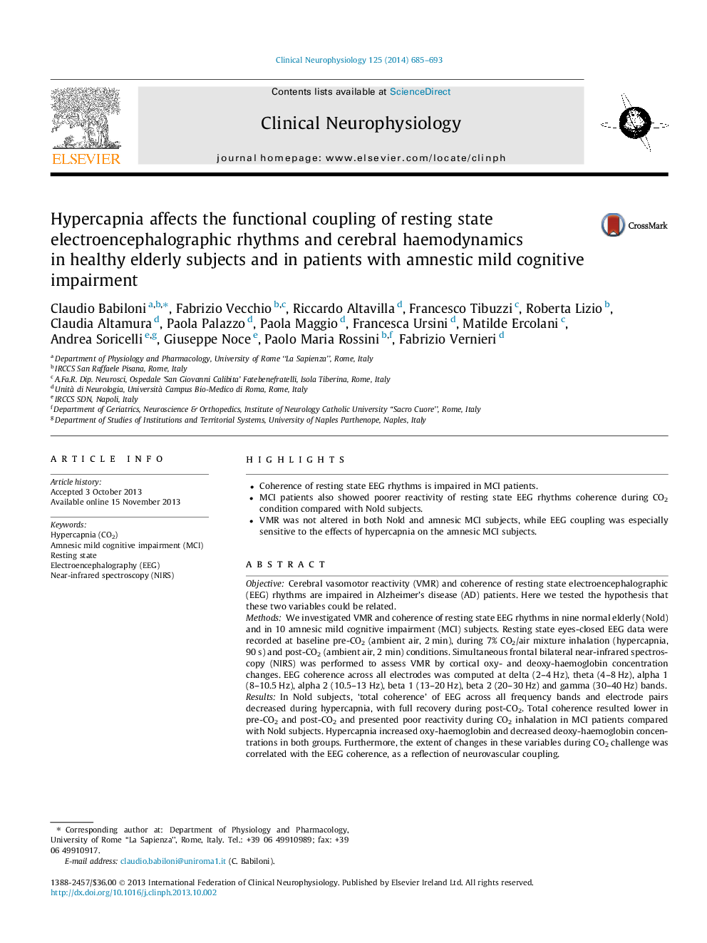 Hypercapnia affects the functional coupling of resting state electroencephalographic rhythms and cerebral haemodynamics in healthy elderly subjects and in patients with amnestic mild cognitive impairment