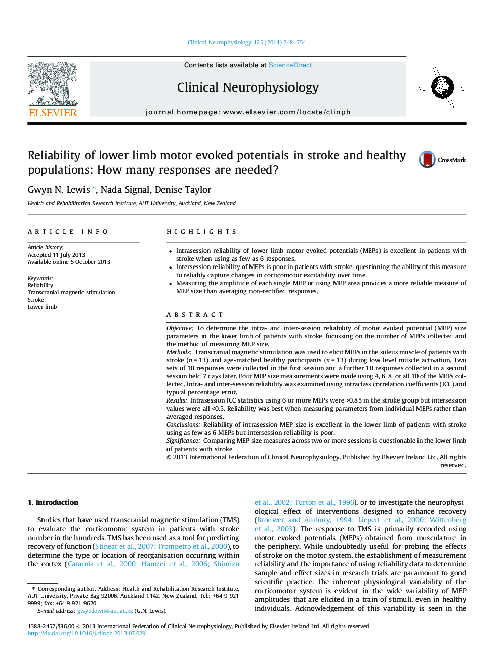 Reliability of lower limb motor evoked potentials in stroke and healthy populations: How many responses are needed?