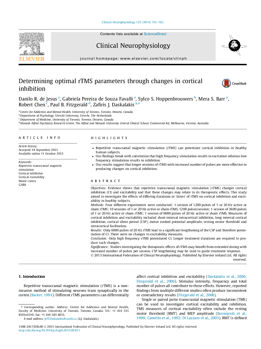 Determining optimal rTMS parameters through changes in cortical inhibition