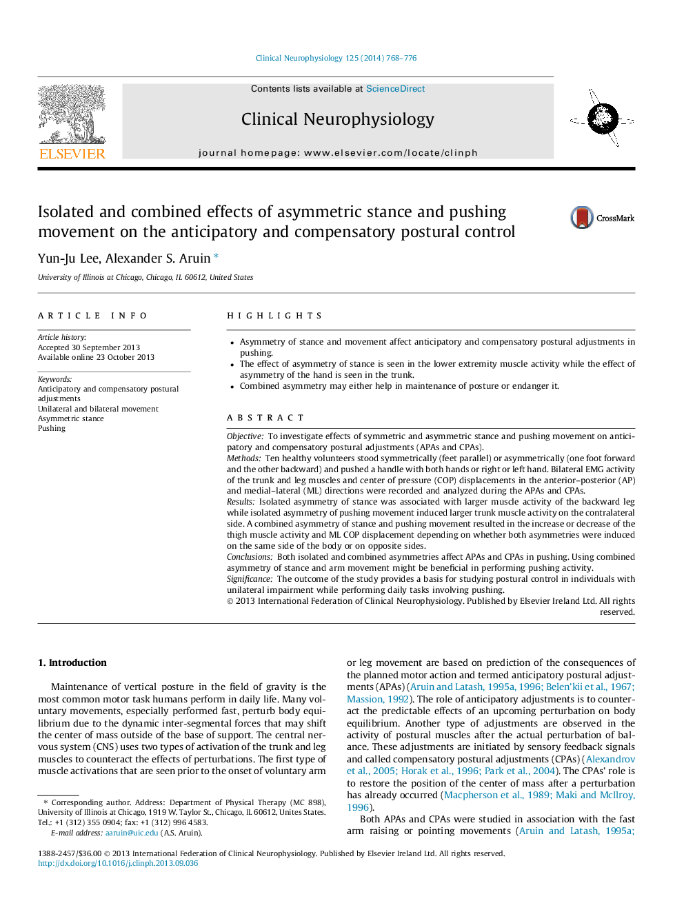 Isolated and combined effects of asymmetric stance and pushing movement on the anticipatory and compensatory postural control