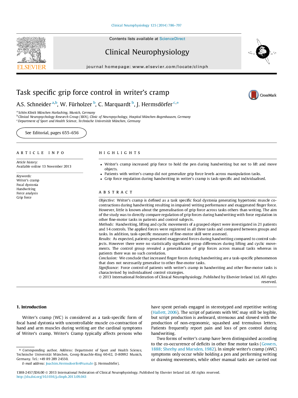 Task specific grip force control in writer's cramp