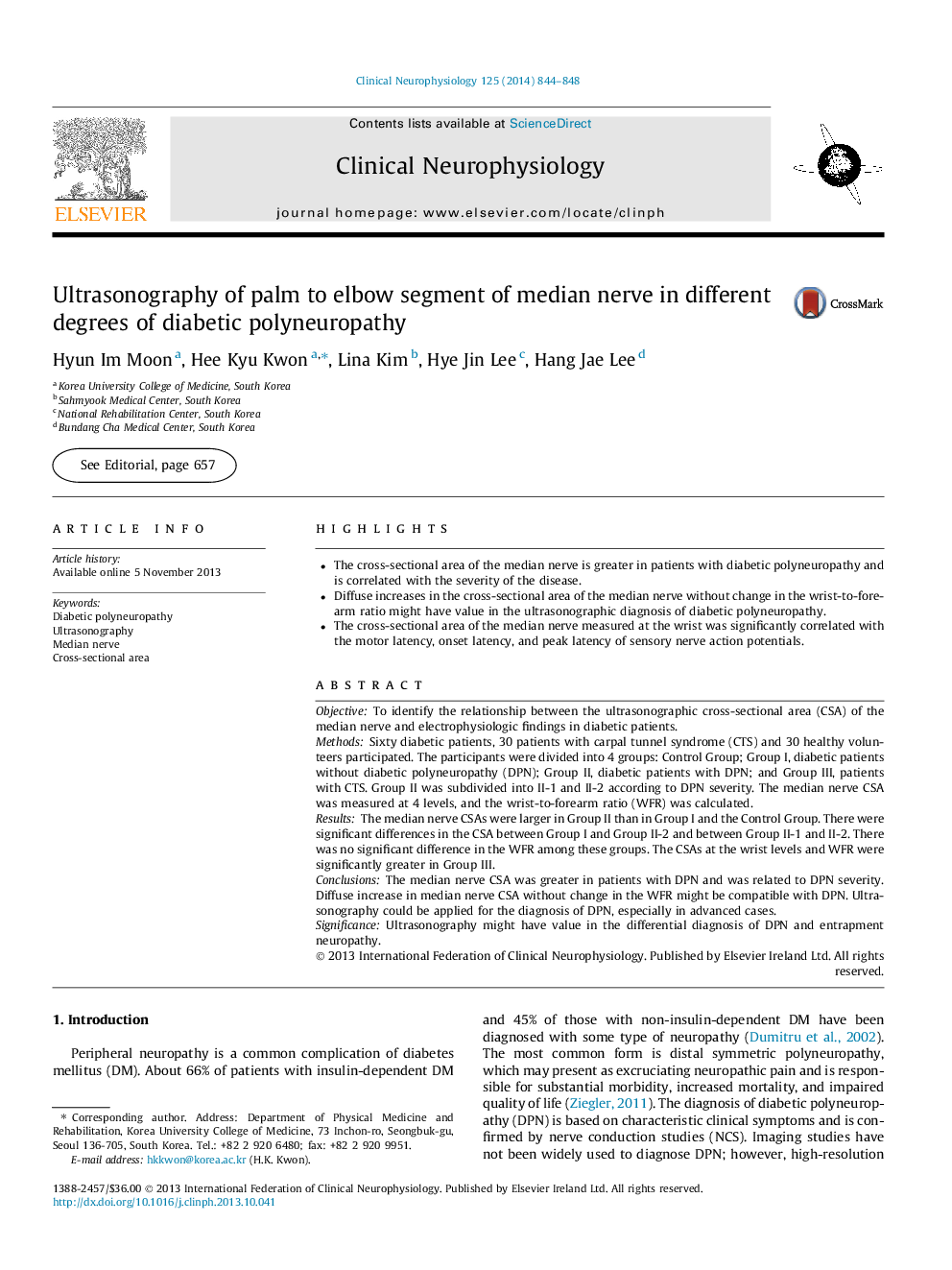 Ultrasonography of palm to elbow segment of median nerve in different degrees of diabetic polyneuropathy