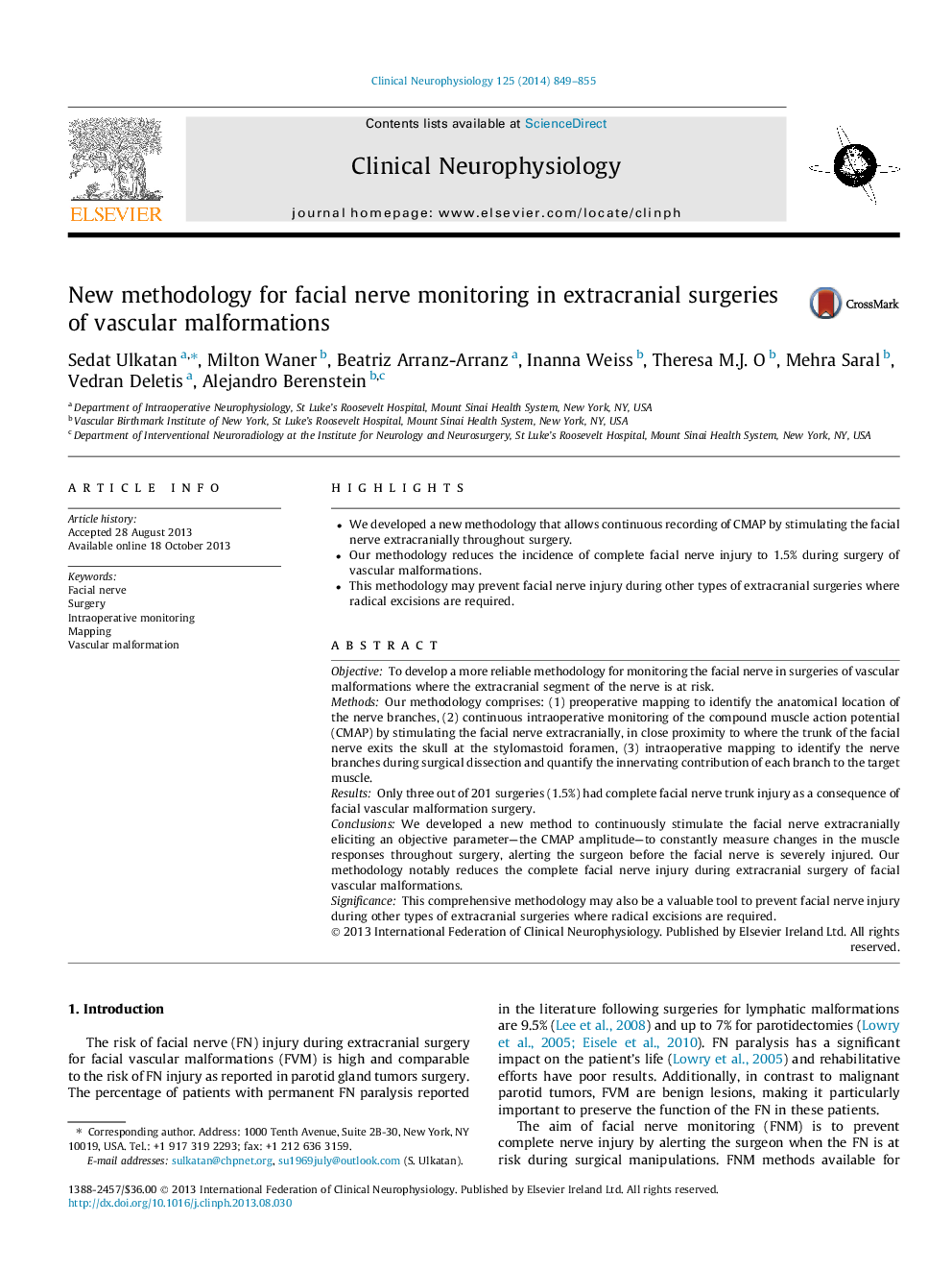 New methodology for facial nerve monitoring in extracranial surgeries of vascular malformations