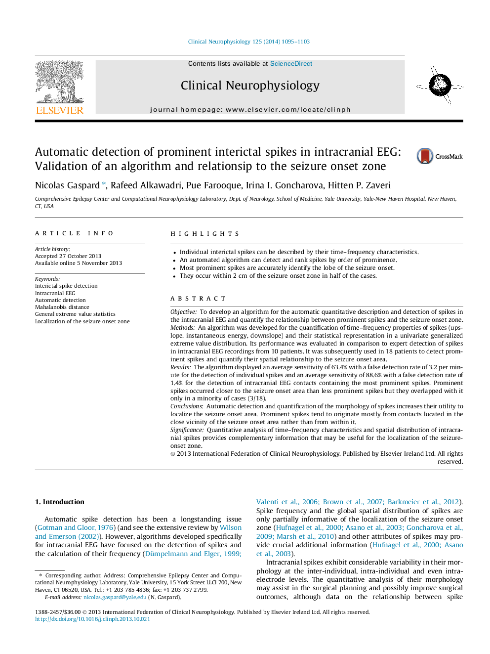 Automatic detection of prominent interictal spikes in intracranial EEG: Validation of an algorithm and relationsip to the seizure onset zone