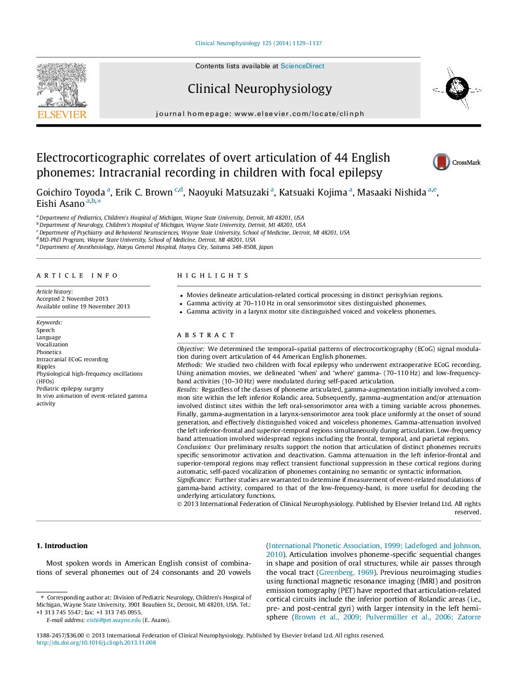 Electrocorticographic correlates of overt articulation of 44 English phonemes: Intracranial recording in children with focal epilepsy