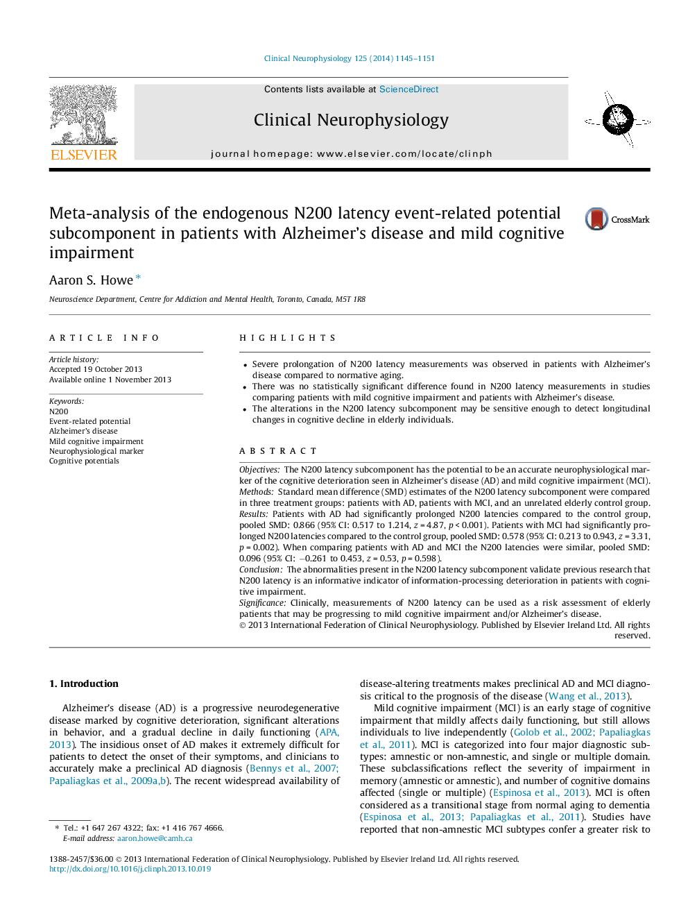 Meta-analysis of the endogenous N200 latency event-related potential subcomponent in patients with Alzheimer's disease and mild cognitive impairment