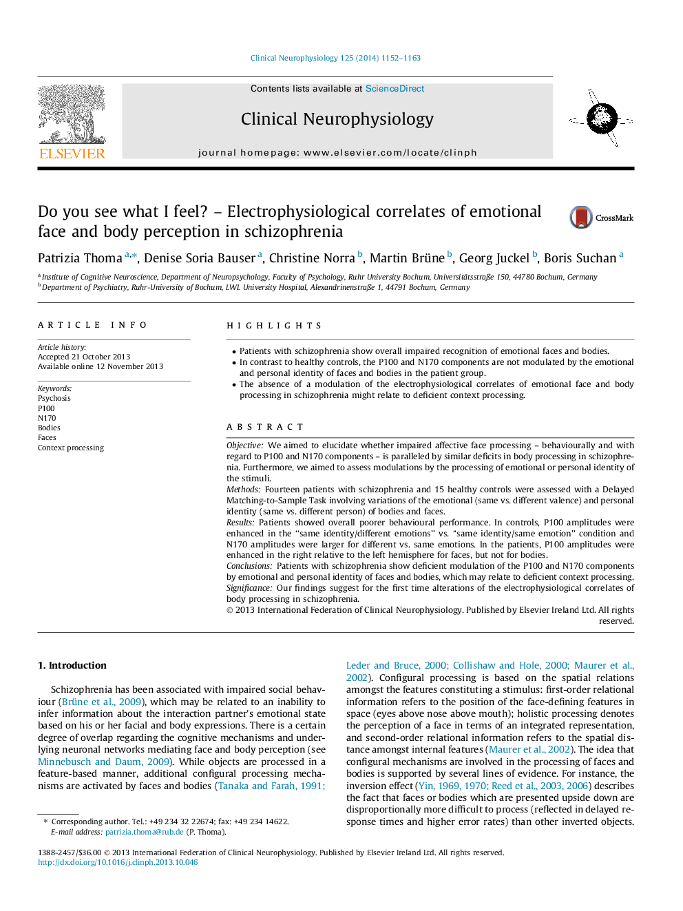 Do you see what I feel? - Electrophysiological correlates of emotional face and body perception in schizophrenia