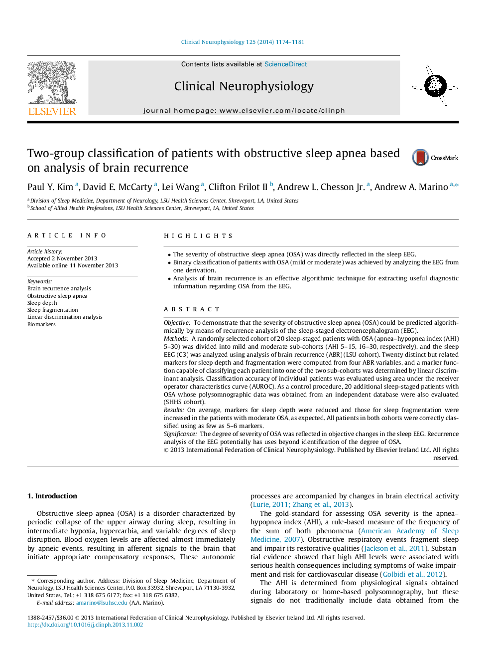 Two-group classification of patients with obstructive sleep apnea based on analysis of brain recurrence