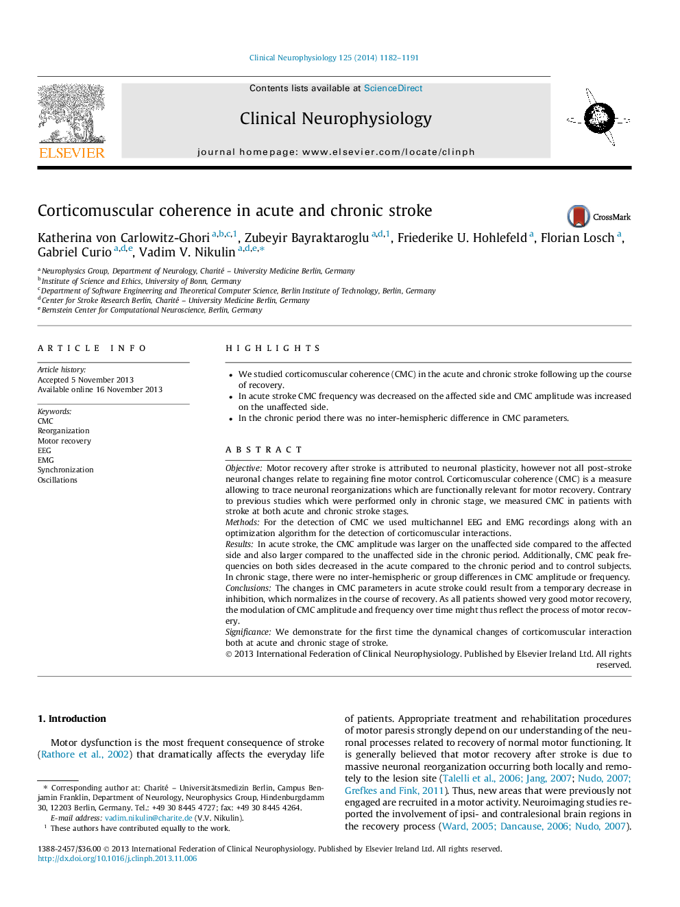 Corticomuscular coherence in acute and chronic stroke