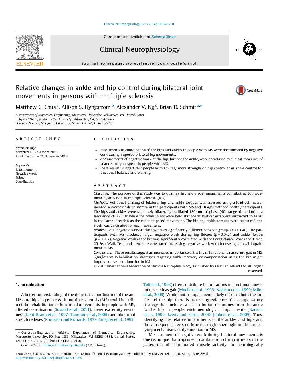 Relative changes in ankle and hip control during bilateral joint movements in persons with multiple sclerosis