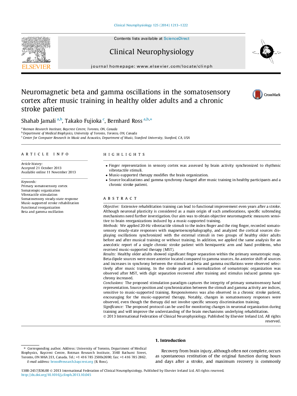 Neuromagnetic beta and gamma oscillations in the somatosensory cortex after music training in healthy older adults and a chronic stroke patient