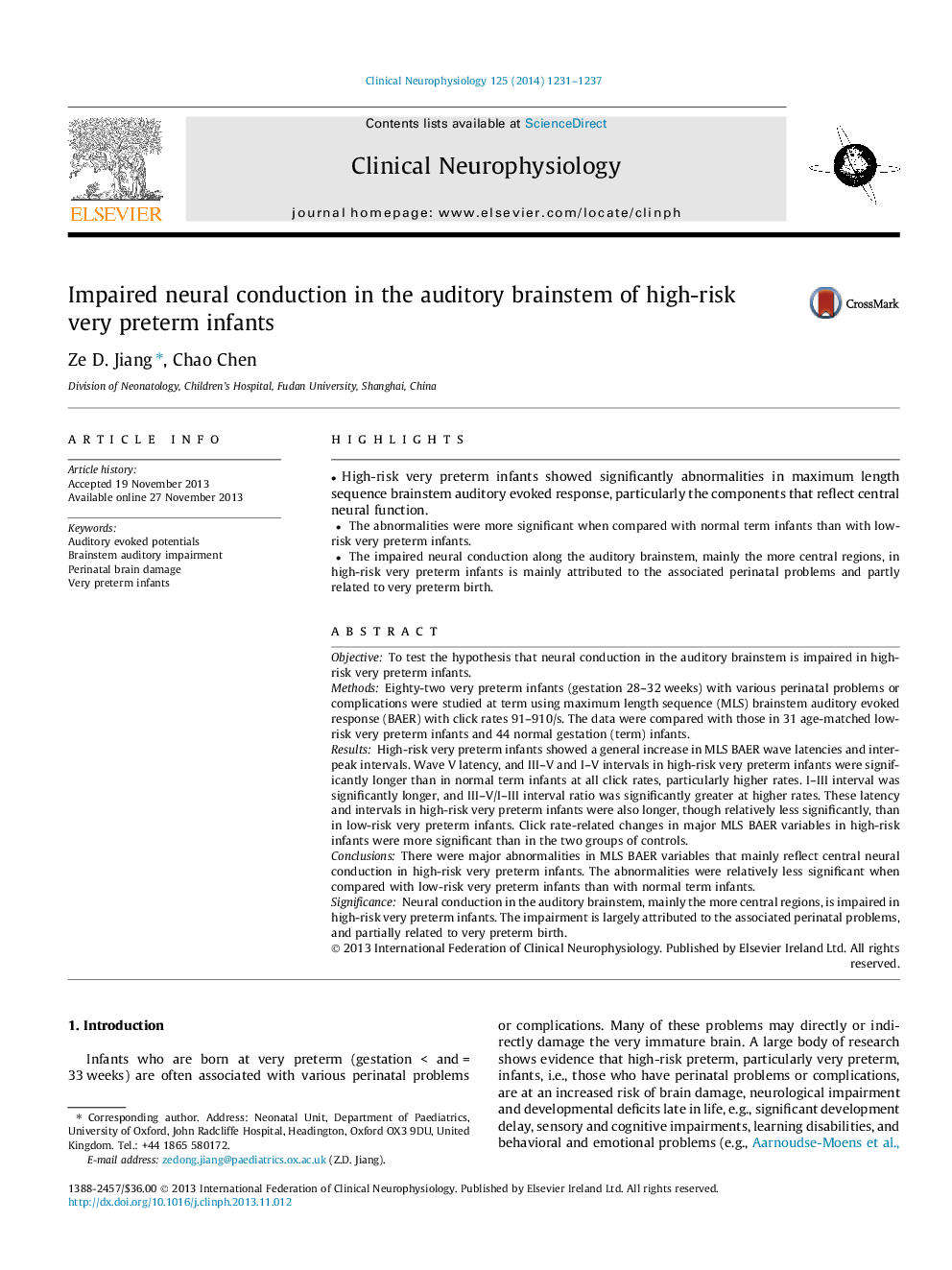 Impaired neural conduction in the auditory brainstem of high-risk very preterm infants