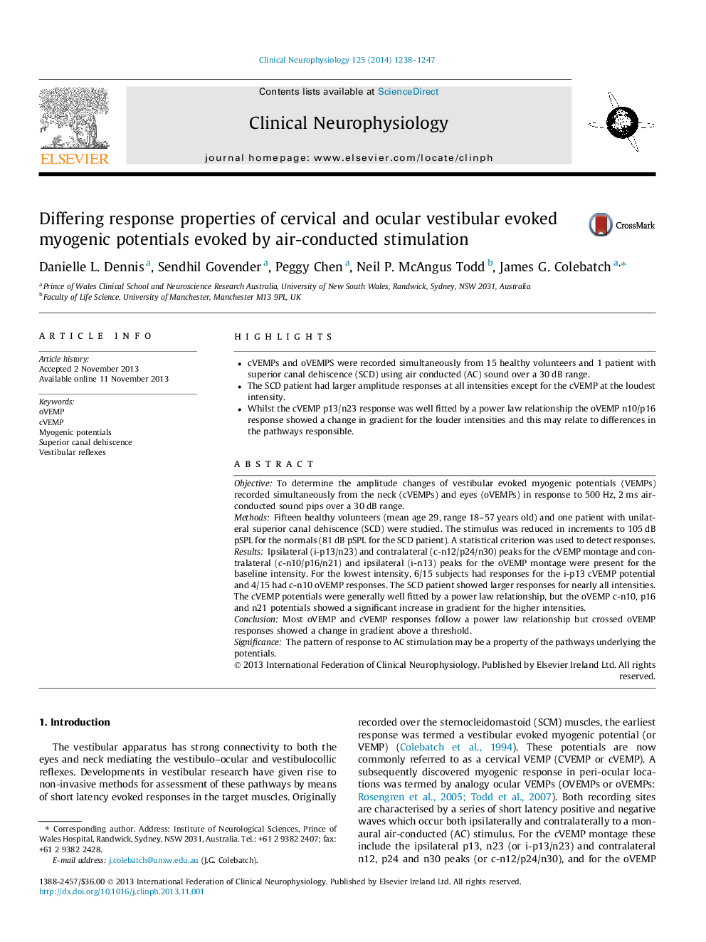 Differing response properties of cervical and ocular vestibular evoked myogenic potentials evoked by air-conducted stimulation