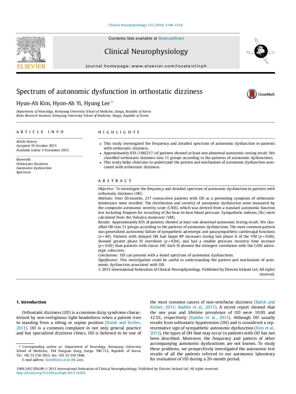 Spectrum of autonomic dysfunction in orthostatic dizziness