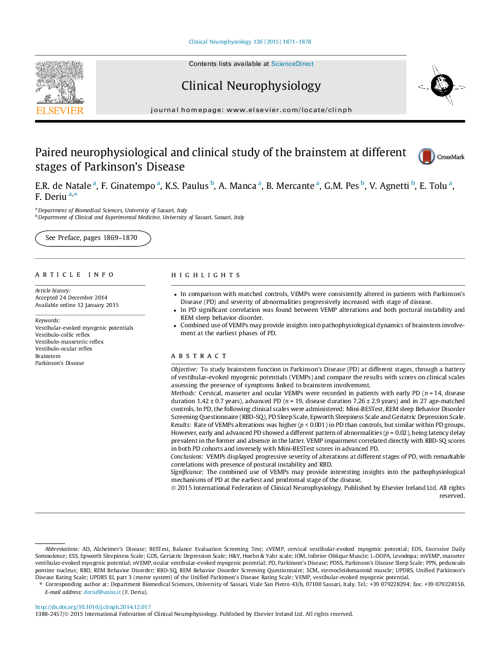 Paired neurophysiological and clinical study of the brainstem at different stages of Parkinson's Disease