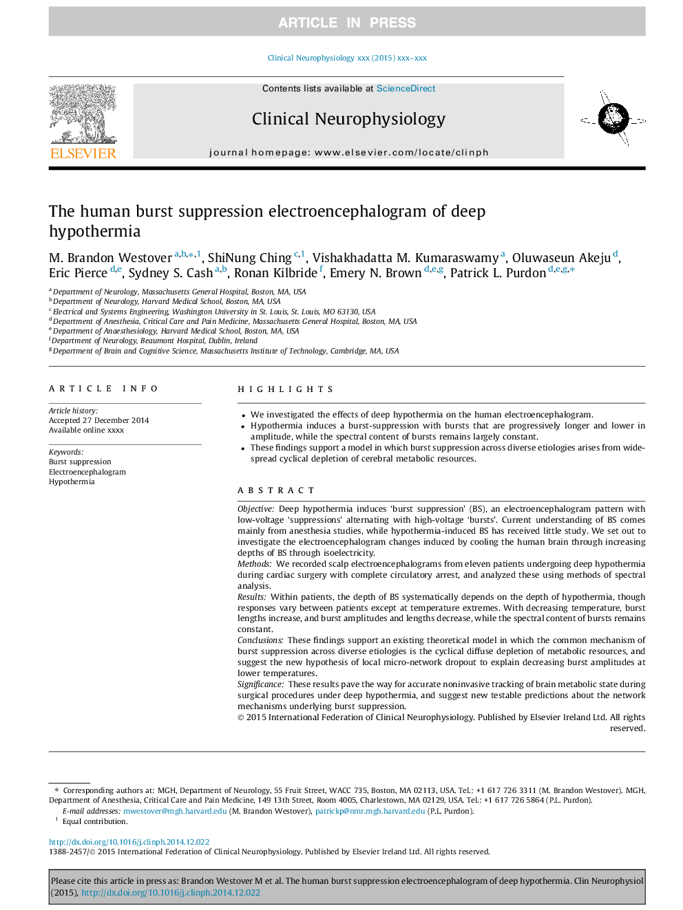 The human burst suppression electroencephalogram of deep hypothermia