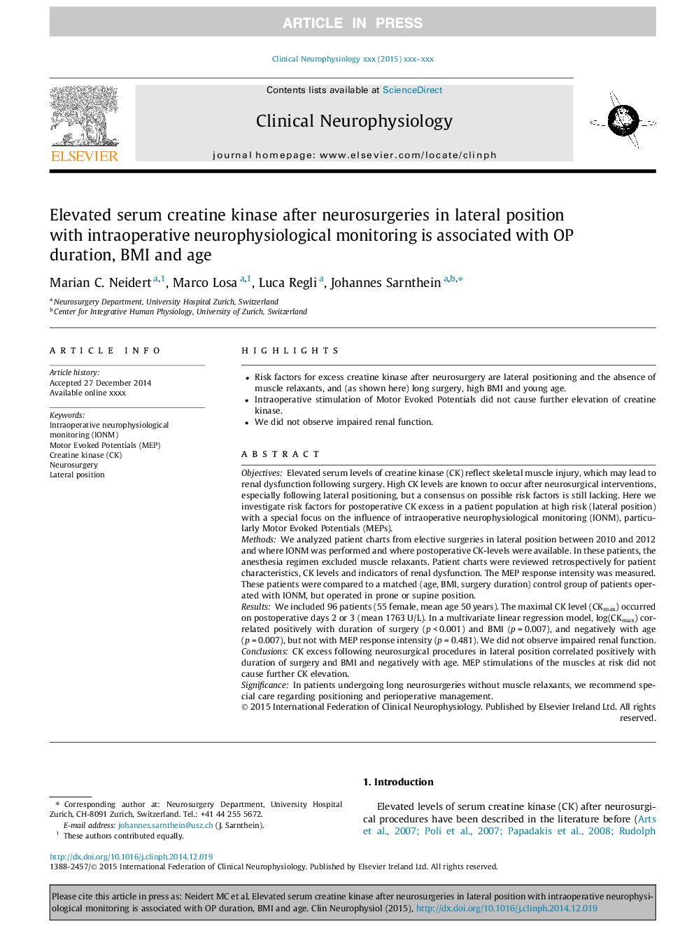 Elevated serum creatine kinase after neurosurgeries in lateral position with intraoperative neurophysiological monitoring is associated with OP duration, BMI and age