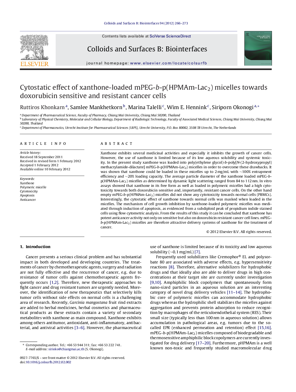 Cytostatic effect of xanthone-loaded mPEG-b-p(HPMAm-Lac2) micelles towards doxorubicin sensitive and resistant cancer cells