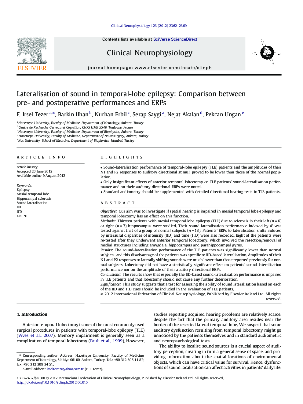 Lateralisation of sound in temporal-lobe epilepsy: Comparison between pre- and postoperative performances and ERPs