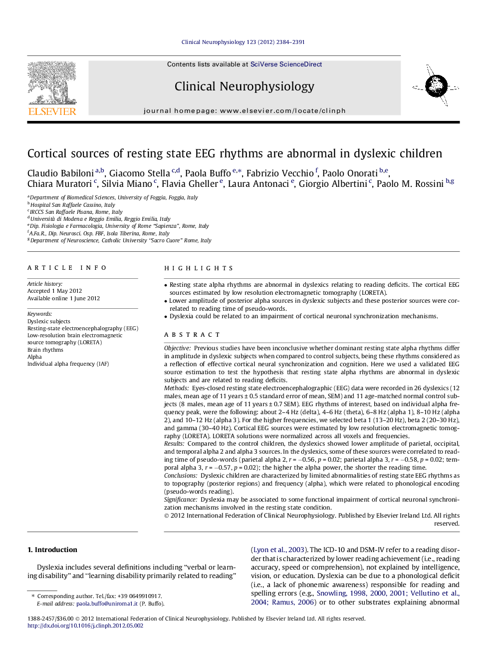 Cortical sources of resting state EEG rhythms are abnormal in dyslexic children